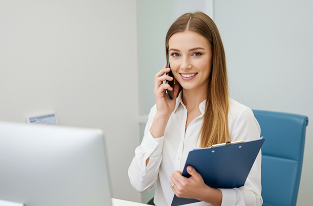 Smiling orthodontic team member sitting at desk