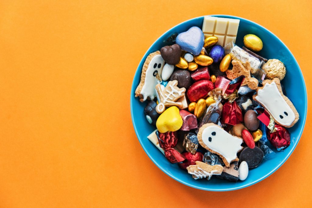 Closeup of dish filled with Halloween candy